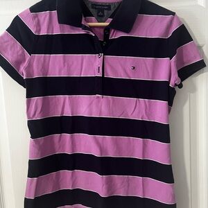 Vintage Tommy Hilfiger Women's Purple and Black Striped Polo Shirt